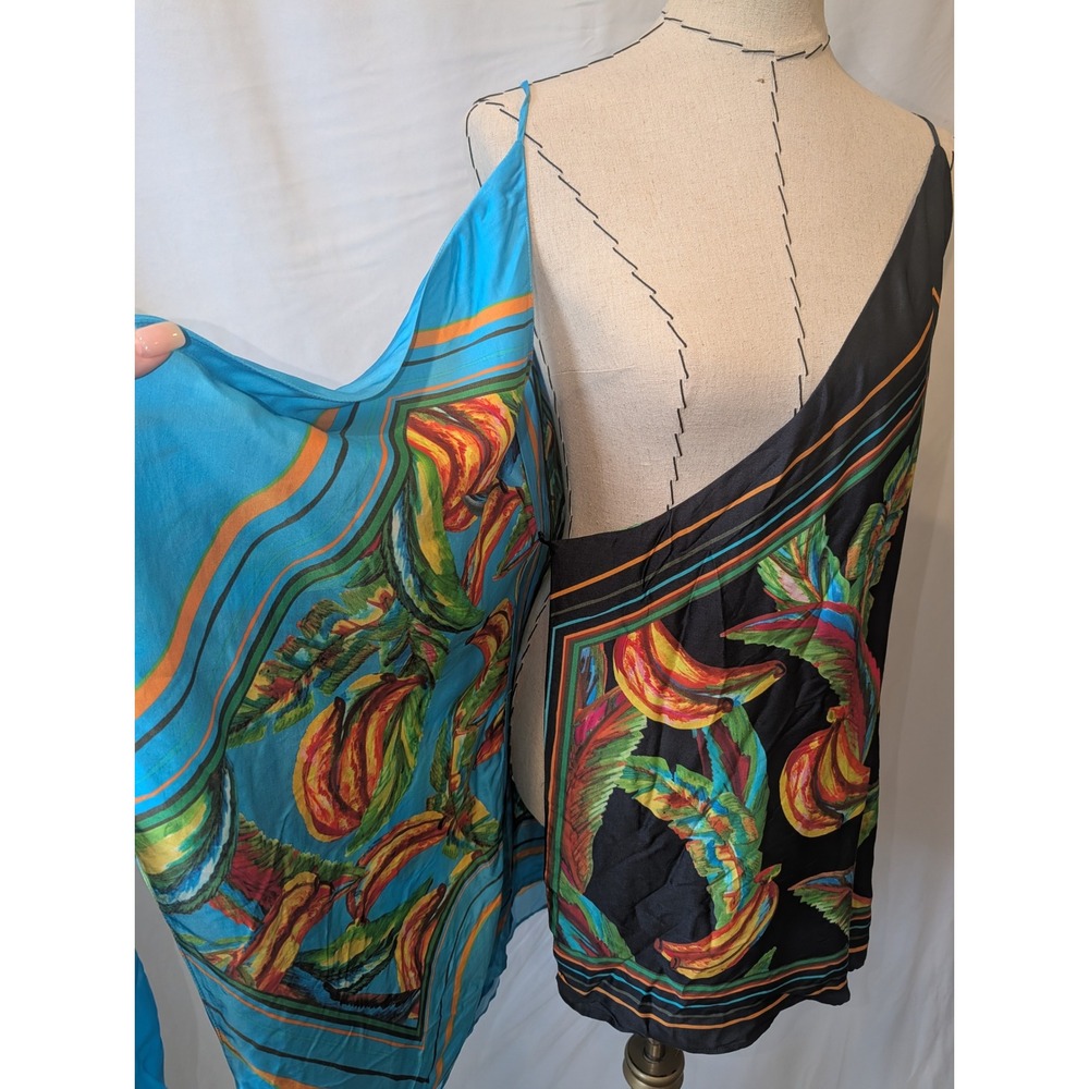 Farm Rio Womens Tropical Banana Print Mini Wrap Dress Blue Black Scarf Print - Picture 6 of 10